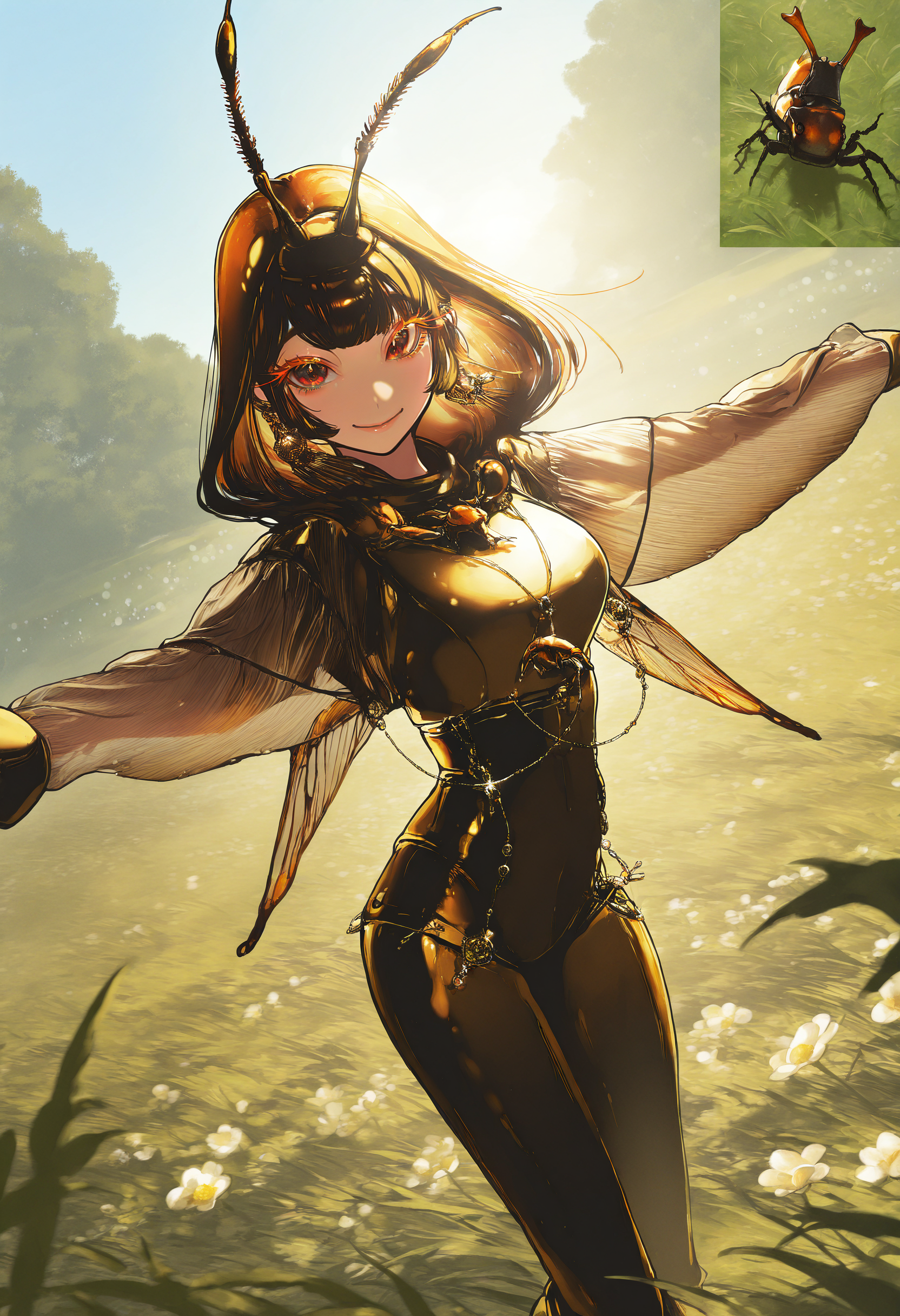 reference inset, reference \(beetle\),
by [diyokama|say hana|yoneyama mai|lam],
1girl, personification, creature and personification, dynamic pose, dutch angle,
cowboy shot, facing viewer, looking at viewer, smile, long eyelashes, colored eyelashes,
outdoors, scenery, backlighting, y2k fashion, jewelry,
masterpiece, best quality, very awa, absurdres
<lora:noobai_epred_11_reference_inset_concept_v1:1>