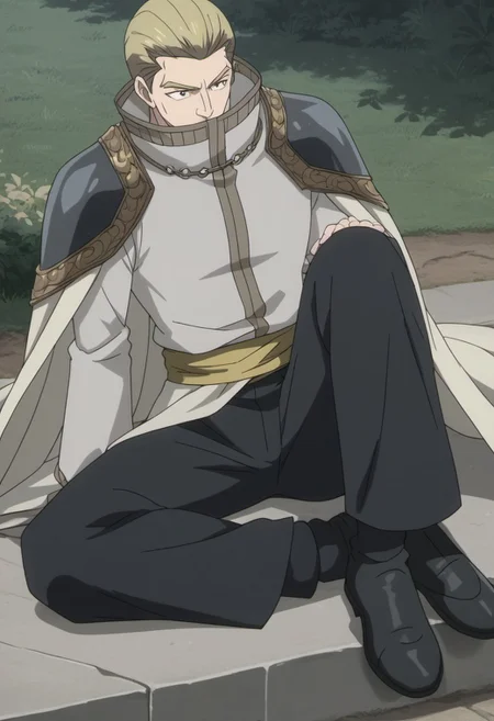 score_9, score_8_up, score_7_up, source_anime, rating_safe, Pretail, 1boy, male focus, anime screencap, grey Precht cape, grey Precht shirt, grey Precht pauldrons, black Precht pants, yellow cloth belt, black Precht shoes, sitting,