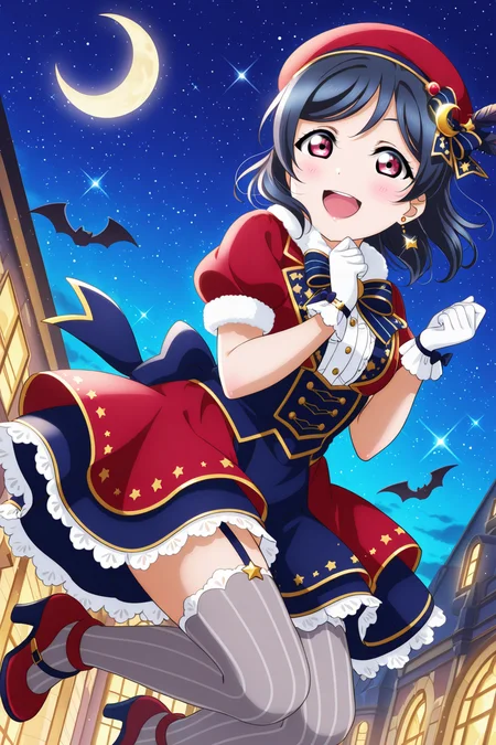 <lora:Love_Live:1>, Love Live, 1girl, solo, gloves, thighhighs, hat, open mouth, bat \(animal\), looking at viewer, night, smile, white gloves, :d, bow, feathers, moon, blue bow, garter straps, short sleeves, jewelry, fur trim, sky, crescent moon, puffy sleeves, red footwear, puffy short sleeves, star \(sky\), night sky, grey thighhighs, outdoors, high heels, jumping, starry sky, sparkle, blush, dress, skirt, red headwear, striped thighhighs, vertical-striped thighhighs