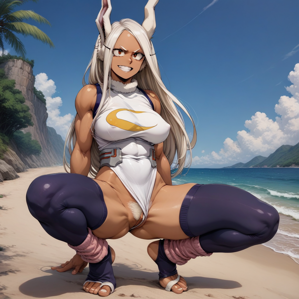 score_9, score_8_up, score_7_up, source_anime, expressive, anime, Artist speedlines, dynamic, 1girl, retro_workoutwear, boku_no_hero_academia, my hero academia, Mirko, BREAK, MILF, large breasts, 25 year old female, Mirko\(my hero academia\), 1woman, dark-skinned_female, red eyes, smirk, sexy, horny, (white hair), white clothes,Artist Style:urushihara_satoshi, source_anime, 1980s_(style), aerobics, leg_warmers, stirrup_legwear, open-bust_leotard, skintight, see-through, pubic_hair_under_leggings, pubic_hair_under_pantyhose, bush, white_pubic_hair, white pubic hair, pubic_hair_peek, bush, uncensored, female_pubic_hair, partially_exposed_vulva, beach, outdoors, sunny