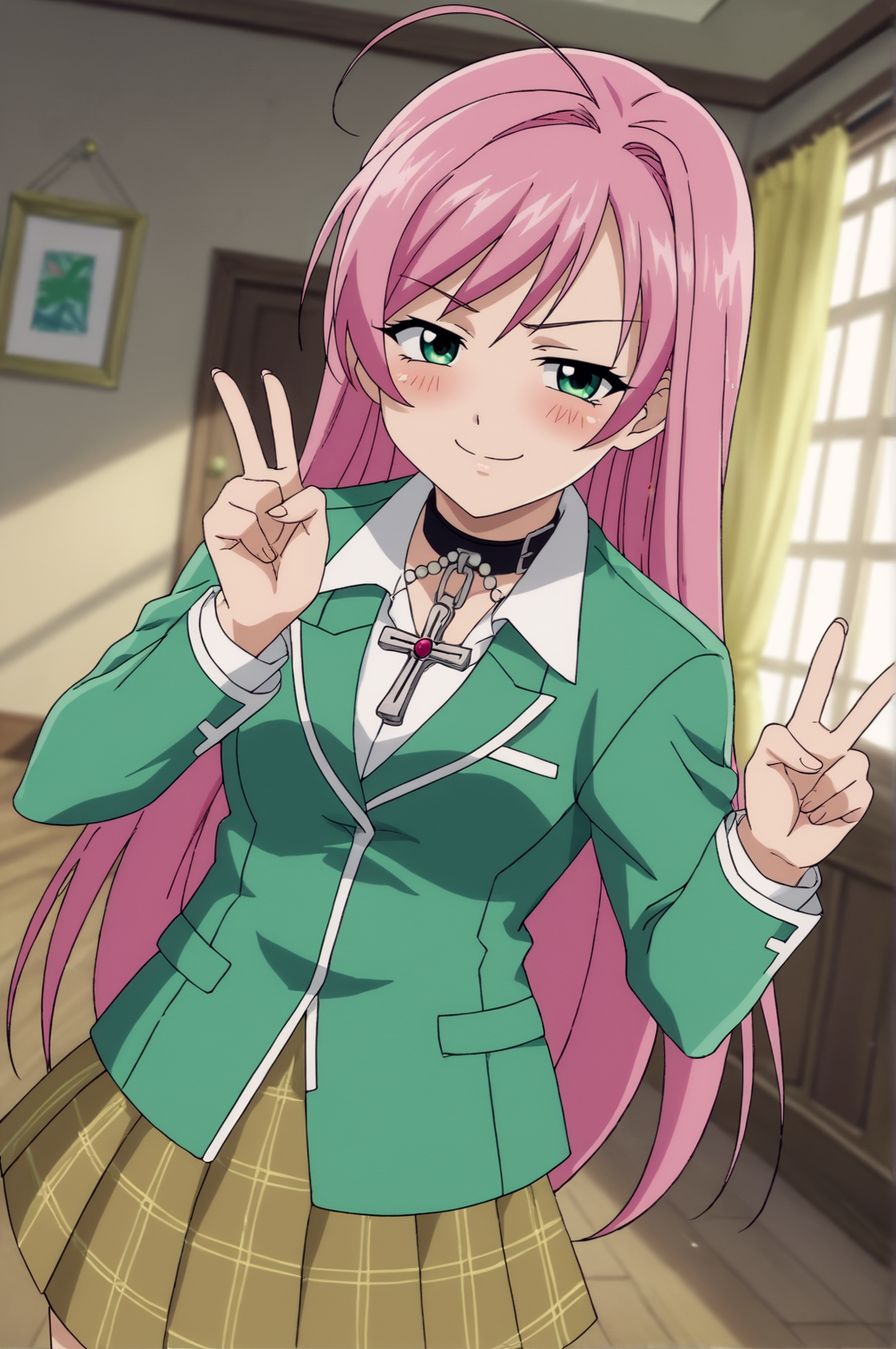 score_9, score_8_up, score_7_up,anime_source, source_anime, best background, detailed background, anime screencap,  Moka Akashiya, school outfit, cross, solo, dynamic angle, naughty face, dynamic camera, dynamic pose, indoors, v fingers, victory fingers, smug, blush,  <lora:JN_Moka_Akashiya:0.8>