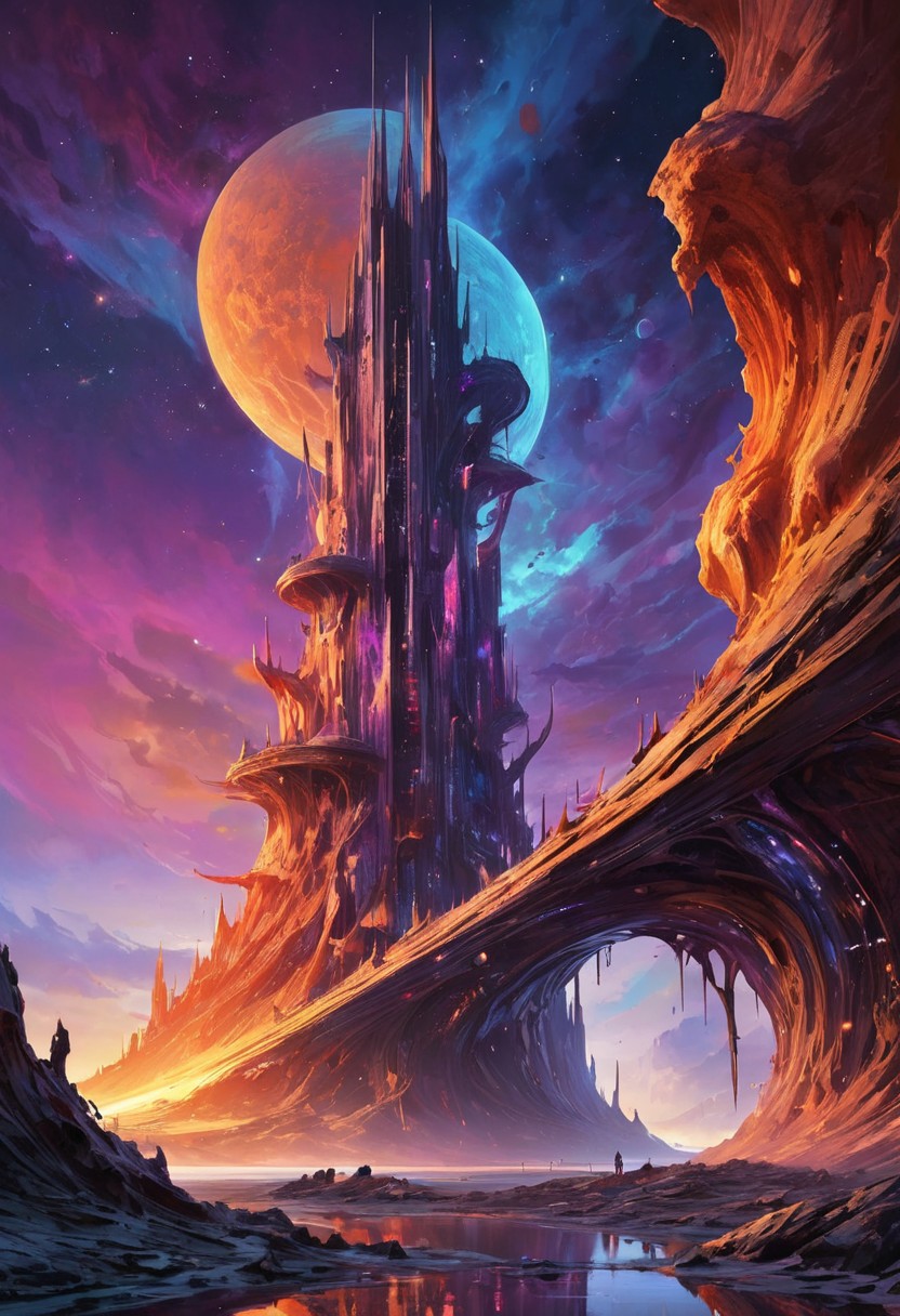 Envision a striking tower of alien design, featuring a multitude of unconventional shapes and vibrant colors, rising prominently in a surreal, futuristic landscape. The tower is a fusion of organic and geometric forms, with sections resembling crystalline shards, flowing liquid metal, and intricate lattice structures. Each segment is adorned with a unique palette of colors—iridescent blues, fiery oranges, and deep purples—that shift and shimmer as if alive. The materials vary from translucent glass-like surfaces to rugged, textured alloys that catch the light in fascinating ways. Surrounding the tower, a dynamic environment teems with bizarre, bioluminescent plants and floating orbs of energy that pulse rhythmically. The sky is a canvas of swirling colors, with multiple moons and distant stars providing a mesmerizing backdrop. Below, the ground is a patchwork of smooth, reflective surfaces and rough, alien terrain, dotted with strange machinery and devices that hint at advanced technology. Render this captivating scene in stunning 8k resolution, highlighting the intricate details of the tower's diverse shapes, the vivid colors of the landscape, and the dynamic interplay of light that creates an atmosphere of wonder and exploration in this extraordinary alien world.
style of greg rutkowski,janek sedlar,jenny saville:0]  detailxl,<lora:vivid_everclear:0.35>  <lora:Sinozick:0.35>  <lora:MJ52:0.35>