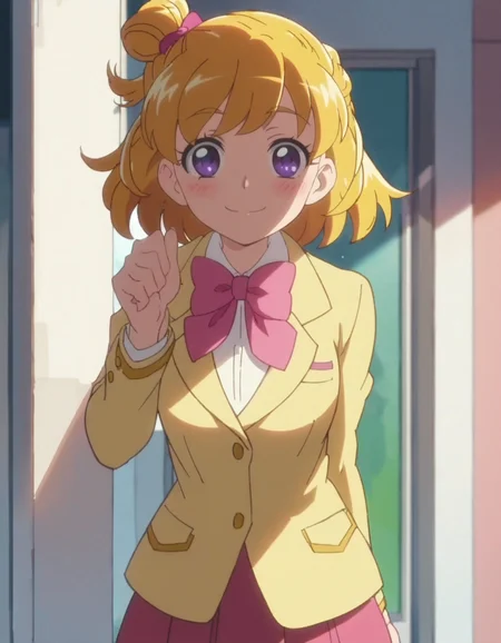 score_9, score_8_up, score_7_up, anime screencap, solo,1girl,asahinamirai, purple eyes,blonde hair,pink bow,school uniform, yellow blazer, pink skirt, bow,cowboy shot,smile,blush,looking at viewer,medium breasts<lora:asahinamirai:0.8>