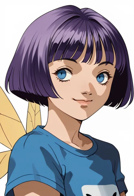 score_9, score_8_up, score_7_up, source_anime, 1girl, solo, smile, closed mouth
<lora:zs_SoulHackersPortraitsXL:1> soulhackersportraits, portrait, white background
<lora:zs_PixieSHXL:1> pixiesh, purple hair, bob cut, short hair, blue eyes, fairy wings, blue t-shirt,