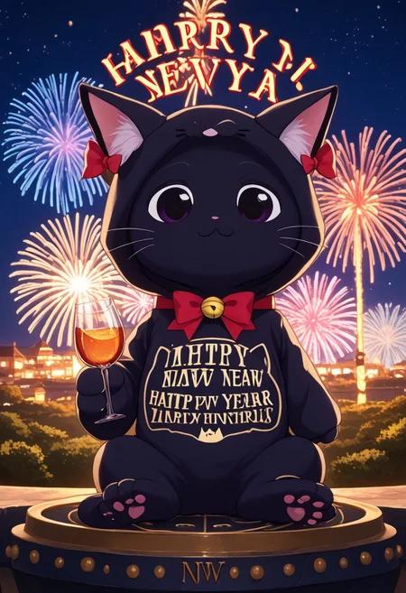 highly detailed, fine fabric detail, absurdres, highly-detailed, best quality, masterpiece, very aesthetic,anime screencap, merry_furistmas, komi shouko,, (no mouth,Cat cosplay:1.4), big eyes, ,Generate an adorable image of a fluffy sheep wearing a glittery 'Happy New Year' sash, holding a glass of sparkling juice under a starry sky with fireworks in the background. Keywords: fluffy, sheep, Happy New Year, fireworks, adorable., fluffy_new_year, merry_furistmas