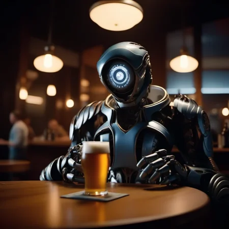 cinematic photo robot having a beer in a pub  <lora:LIS-V3:0.8> . 35mm photograph, film, bokeh, professional, 4k, highly detailed
