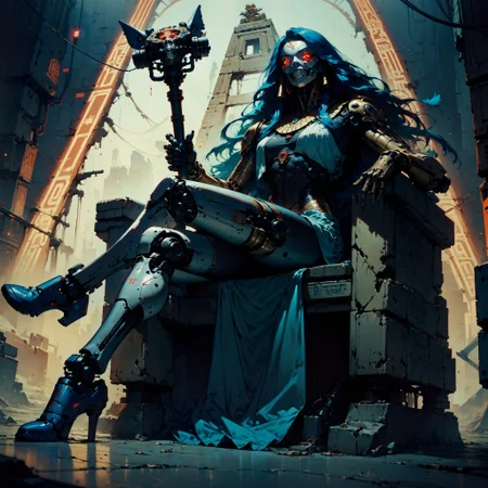 (score_9, score_8_up, score_7_up), (egyptian neon lights, cypberpunk, egyptian city, egyptian pyramid \(structure\), thick lineart, sharp edges),
BREAK
dutch angle, full body, solo, 1women, red eyes, long hair, blue hair, lust grin, dark-skinned female, egyptian clothes, mask respirator, female focus, robot, cyborg , android, mechanical arms, cyborg, robot joints, mechanical parts, tube, spine, cybernetic neck, bionic torso, bionic skin, holding egyptian scepter, sitting on throne
BREAK
grim, dark atmospher, science fiction,
<lora:Concept Art Twilight Style SDXL_LoRA_Pony Diffusion V6 XL:0.8> <lora:Bad_Hands_lora:0.8> <lora:add-detail-xl:0.8> <lora:GN_v1.4:0.8>