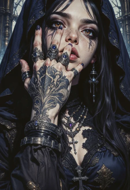 (amazing transcendental's dream:3.5) The photo depicts a powerful gothic sorceress, her face partially hidden by her elegantly adorned hand. She has pale, slender fingers, on which several silver magical rings, set with dark gemstones like onyx and amethyst, glimmer. Her hand is decorated with mysterious tattoos that seem to pulse with a dark energy.She wears a gothic ensemble, a black velvet dress richly embroidered with occult patterns. Her long black hair frames her pale face, and her eyes, accentuated with dark makeup, shine with an intense light. Large silver necklaces, with pendants shaped like crosses and ancient symbols, rest on her chest. The background is misty, with shadows dancing around her, enhancing the mystical and sinister atmosphere of the scene, (maximum ultra high definition image quality and rendering:3), maximum image detail, maximum realistic render, (((ultra realist style))), realist side lighting, , 8K high definition, realist soft lighting, (amazing special effect:3.5) <lora:FluxMythG0thicL1nes:0.6> <lora:FluxMythR3alisticF:0.5> <lora:RetroAnimeFluxV1:0.6> <lora:OB半写实肖像画V2.0:0.6>