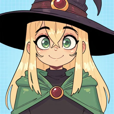 j4ckc41l3ss, (1boy, bangs, blonde hair, black headwear, green eyes, male focus, hair between eyes, crossed bangs, green cape, long hair, black shirt, long sleeves, wizard hat), solo, looking at viewer, smile, (portrait), straight-on, blue background, grid background, happy,