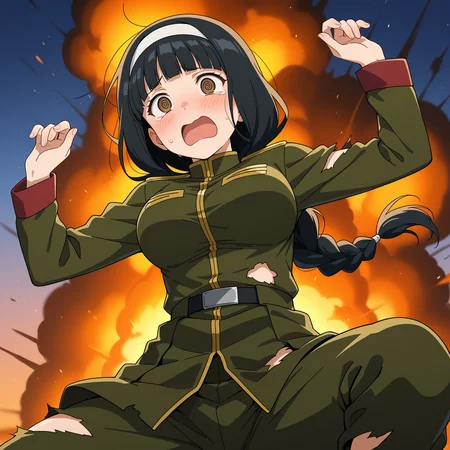 masterpiece, best quality, amazing quality, anime screencap, 1girl, solo, falling, w arms, from below, @_@, panicking, open mouth, tearing up, <lora:Kergerenko08:0.9>, Kergerenko08, black hair, blunt bangs, single braid, hairband, brown eyes, large breasts, green military uniform, green pants, defeat, torn clothes, outdoors, sky, explosion,