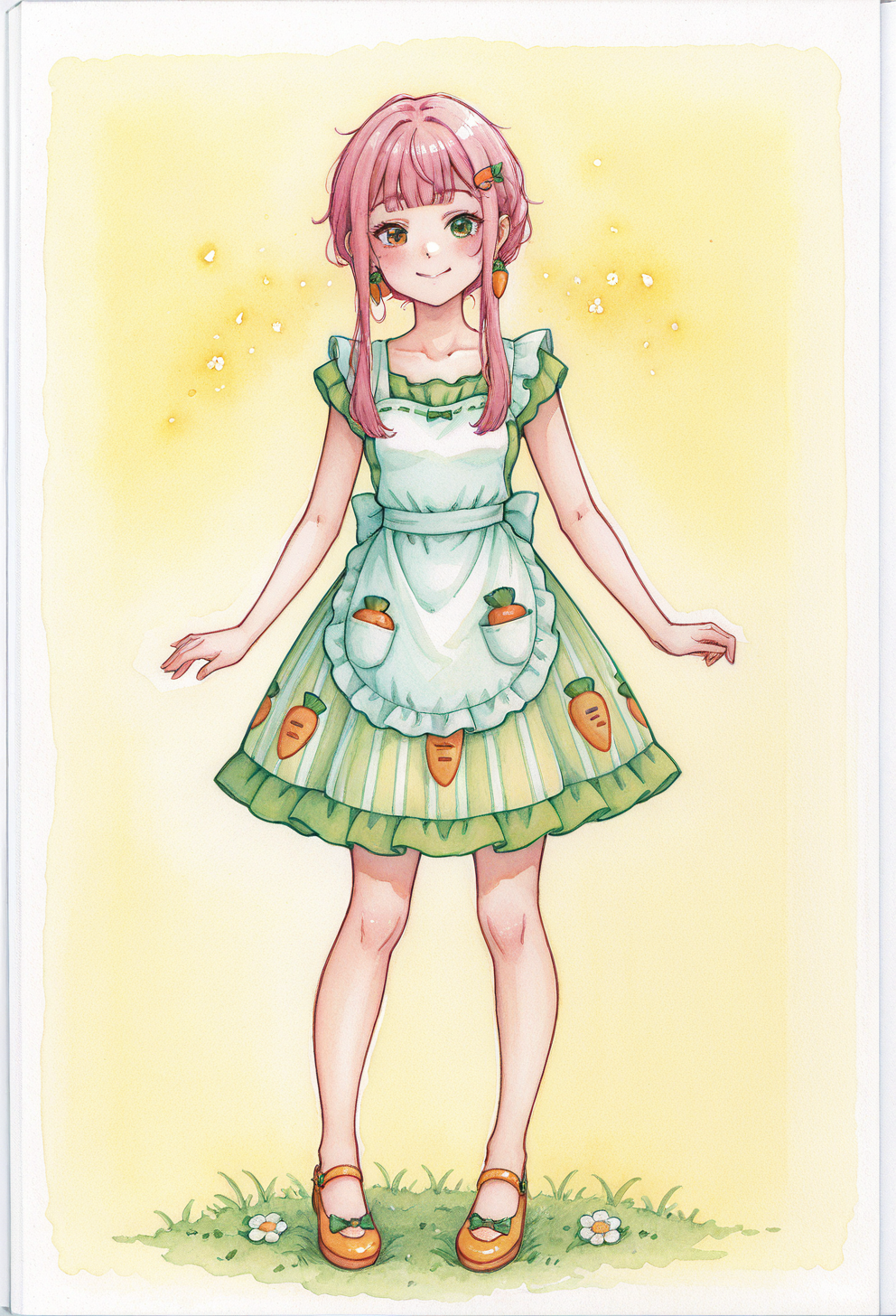 masterpiece, best quality, amazing quality, very aesthetic, high resolution, detailed face, detailed eyes, intricate details, 1girl, solo, small breasts, pink hair, short hair, hime cut, shaved nape, (two long locks in front on face), Heterochromia, (blue and yellow eyes), whimsical carrot-themed dress with orange and green accents, leafy ruffles, cute apron with tiny carrot patterns, holding soft adorable carrot plushie with a happy face, cheerful expression, spring picnic setting with blooming flowers and a sunny sky, warm soft lighting, vibrant colors, highly detailed, adorable and playful atmosphere, full-body view, full body, cute accessories like carrot-shaped earrings and a leafy hairpin, traditional media, watercolor (medium), painting (medium), <lora:boobandpoopa_il:0.5>