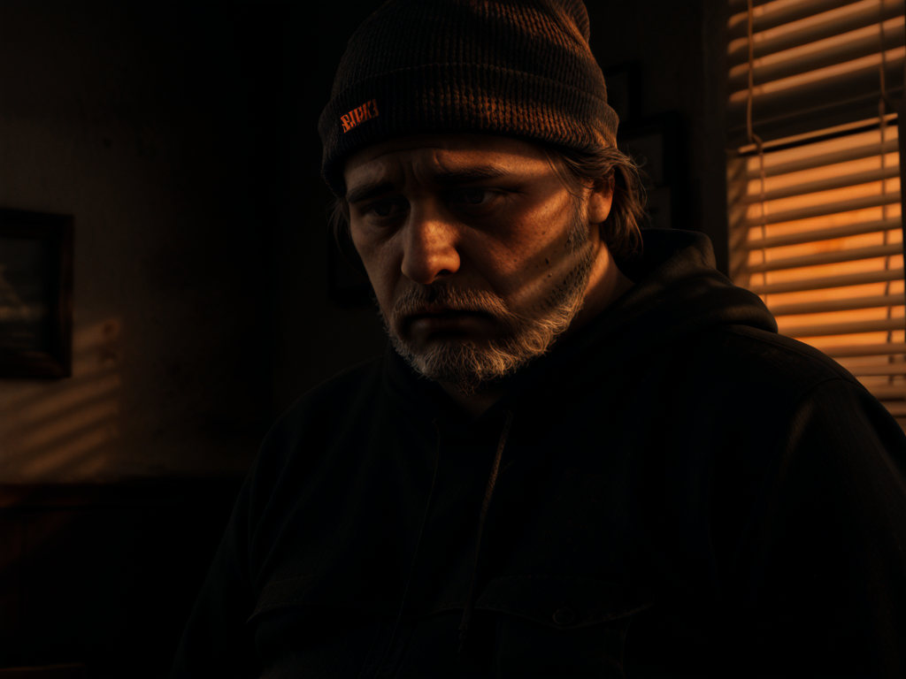 <lora:sh3warm:1.5> sh3warm, a middle-aged man, 45 years old, 50 years old, (fat, overweight,  sad), ((man is looking down)), staring at ground, black eyes, bloodshot eyes, scruffy beard, warm light, (dappled light), orange light, window, blinds, solo, 1boy, realistic,  <lora:dark:0.9> dark, close-up, black hoodie, beanie, smoke, sunset