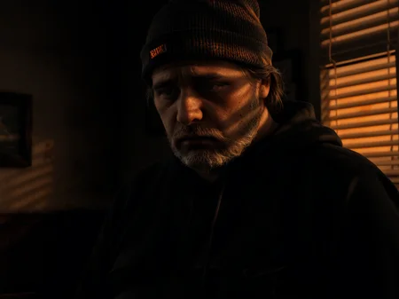 <lora:sh3warm:1.5> sh3warm, a middle-aged man, 45 years old, 50 years old, (fat, overweight,  sad), ((man is looking down)), staring at ground, black eyes, bloodshot eyes, scruffy beard, warm light, (dappled light), orange light, window, blinds, solo, 1boy, realistic,  <lora:dark:0.9> dark, close-up, black hoodie, beanie, smoke, sunset
