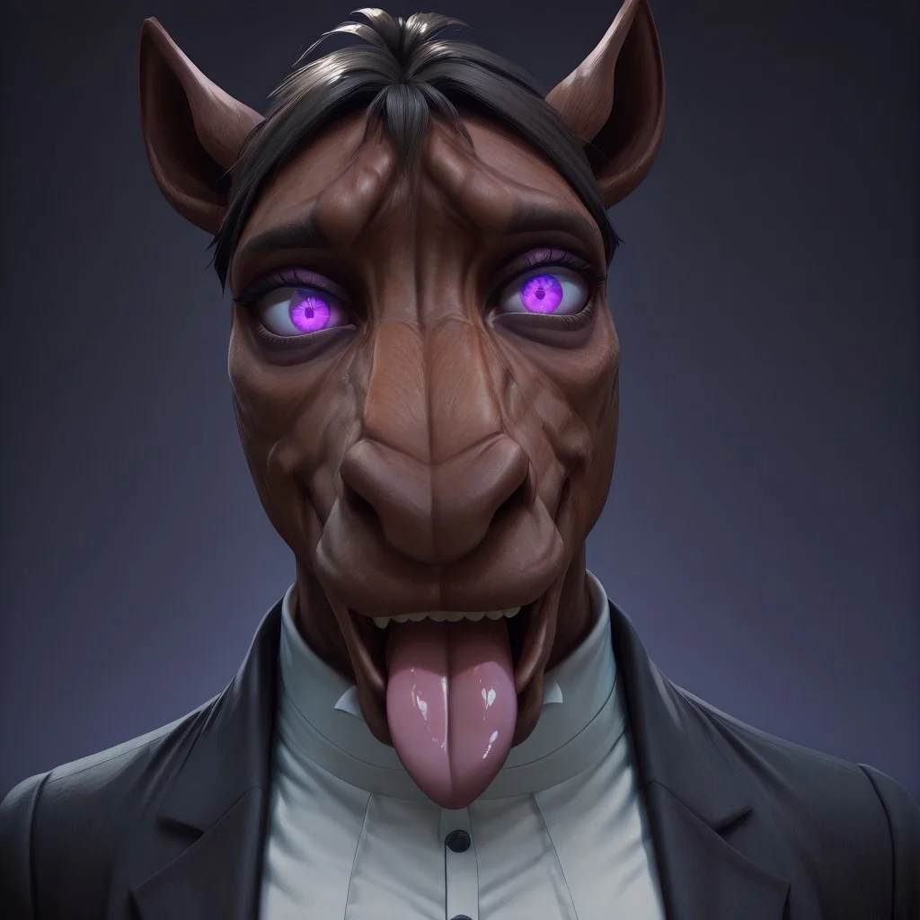masterpiece, best quality, newest, absurdres, highres, kftenhance, 1boy, Berserk-Friendly-Horse-IL-V1.0, furry, furry male, suit, shirt, nectie, formal attire, furry male, purple eyes, smile, looking at viewer, smile tongue, tongue out, happy