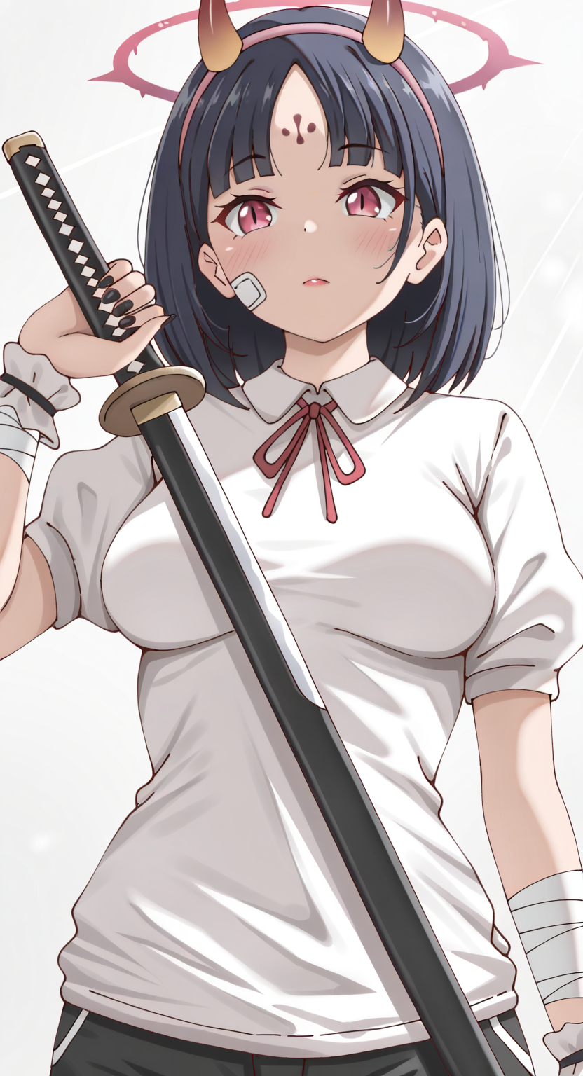 masterpiece, cute, lovely, newest, absurdres, (best quality:1.3), amazing quality, very aesthetic, 1girl, solo, high_resolution, hq, 4k, BREAK. high gradient eyes, very cute, light particles, cute details, cute colors, mature woman, (Poa_Mellhen_Style), oni, oni horns, dark blue hair, straight hair, blunt bangs, pink eyes, slit pupils, (medium breasts:1.2), sagging_breasts, BREAK,  bandaid on face, bandaid, bandaid on cheek, forehead mark, parted lips, wrist cuffs, neck ribbon, short sleeves, fingernails, shirt, hairband, puffy short sleeves, puffy sleeves, shorts, t-shirt, bandages, sheath, sword, solo, holding, simple background, grey background, upper body, halo, facial mark, nail polish, closed mouth, red ribbon, black nails, bandaged arm, holding weapon, light frown, light rays, pink hairband, red lips, scabbard, weapon, white shirt, masterpiece, best quality, very aesthetic, intricate details, vivid colors, smooth shading, dynamic lighting, professional illustration, soft gradients, balanced composition, elegant pose, high-resolution, sharp focus, 8k, hdr, crisp lines, perfect lighting, sharp eyes, detailed eyes, highly detailed