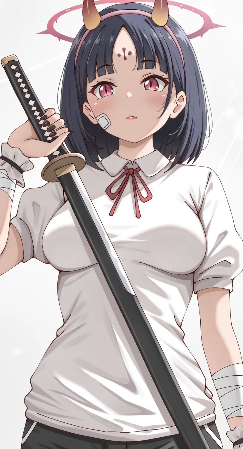 masterpiece, cute, lovely, newest, absurdres, (best quality:1.3), amazing quality, very aesthetic, 1girl, solo, high_resolution, hq, 4k, BREAK. high gradient eyes, very cute, light particles, cute details, cute colors, mature woman, (Poa_Mellhen_Style), oni, oni horns, dark blue hair, straight hair, blunt bangs, pink eyes, slit pupils, (medium breasts:1.2), sagging_breasts, BREAK,  bandaid on face, bandaid, bandaid on cheek, forehead mark, parted lips, wrist cuffs, neck ribbon, short sleeves, fingernails, shirt, hairband, puffy short sleeves, puffy sleeves, shorts, t-shirt, bandages, sheath, sword, solo, holding, simple background, grey background, upper body, halo, facial mark, nail polish, closed mouth, red ribbon, black nails, bandaged arm, holding weapon, light frown, light rays, pink hairband, red lips, scabbard, weapon, white shirt, masterpiece, best quality, very aesthetic, intricate details, vivid colors, smooth shading, dynamic lighting, professional illustration, soft gradients, balanced composition, elegant pose, high-resolution, sharp focus, 8k, hdr, crisp lines, perfect lighting, sharp eyes, detailed eyes, highly detailed