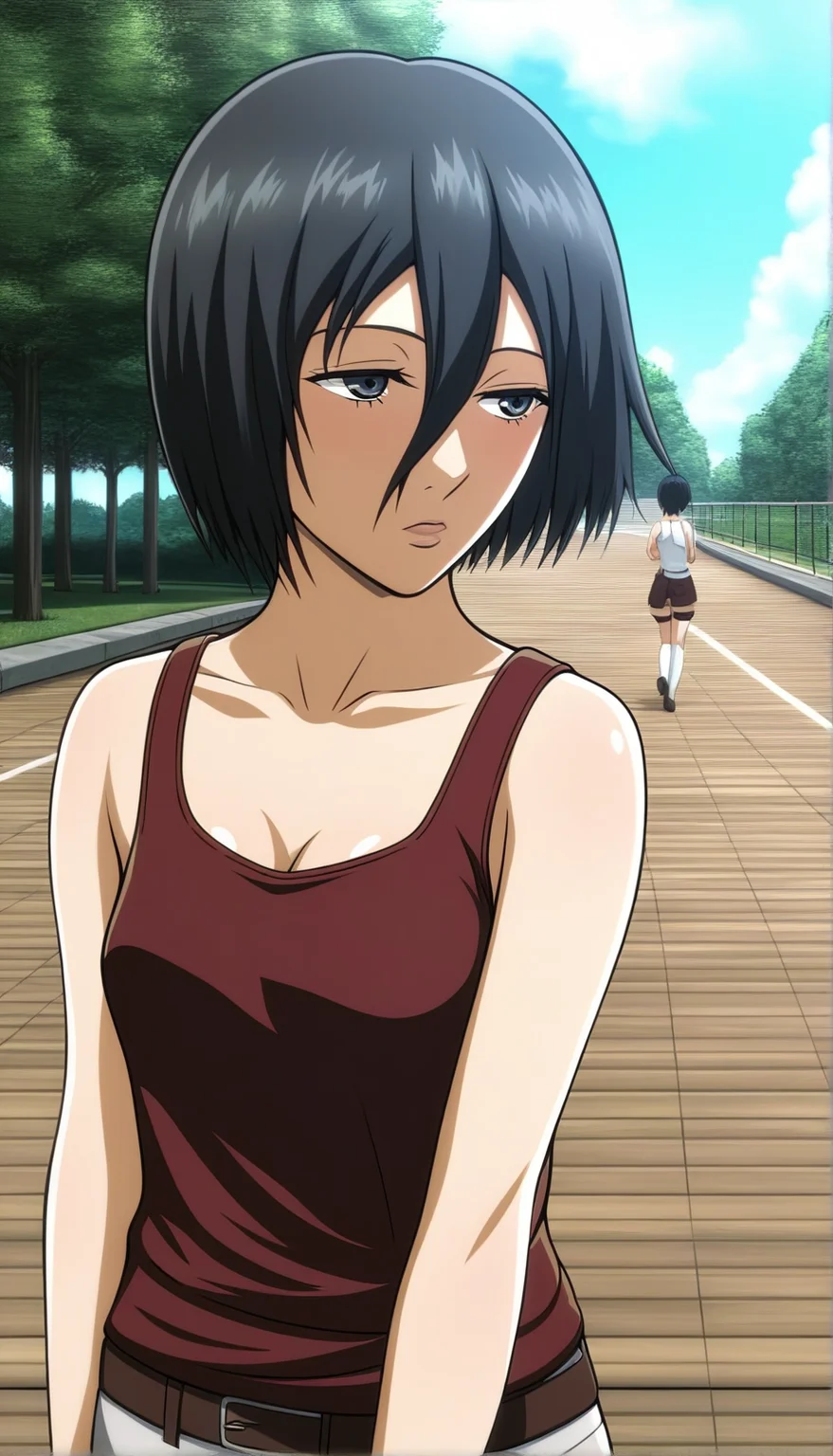 score_9, score_8_up, score_7_up,1girl,source_anime,Takapiko ,black hair,short hair,hair between eyes,detailed face,masterpiece,best quality, mikasa ackerman,<lora:Takapiko:1> , wearing a tank top,outdoors,park