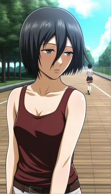 score_9, score_8_up, score_7_up,1girl,source_anime,Takapiko ,black hair,short hair,hair between eyes,detailed face,masterpiece,best quality, mikasa ackerman,<lora:Takapiko:1> , wearing a tank top,outdoors,park