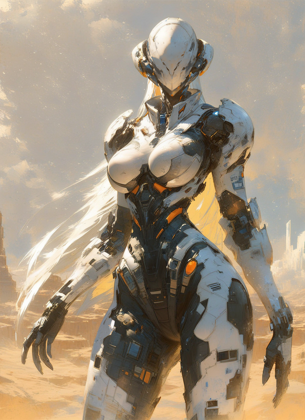 score_9, score_8_up, score_7_up, highly detailed, painting, girl, large breasts, dark green armor, long white hair, looking at viewer, standing, mcnm, massive spaceship, desert, rating_questionable, BREAK best quality, masterpiece, e621, digital_art <lora:Mechanism-pdxl-1:1>