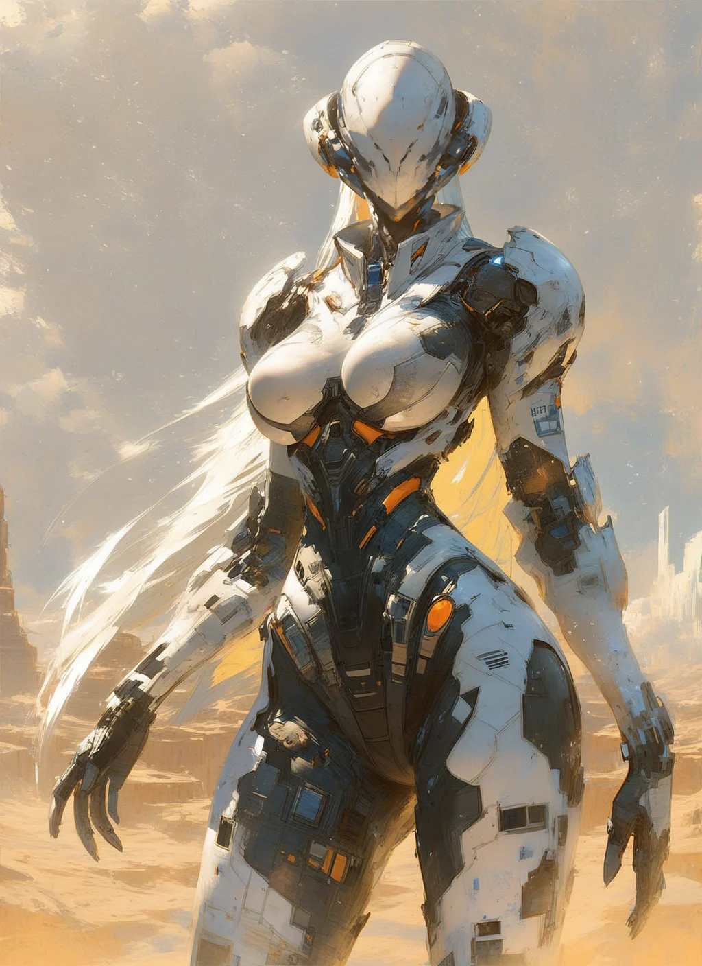 score_9, score_8_up, score_7_up, highly detailed, painting, girl, large breasts, dark green armor, long white hair, looking at viewer, standing, mcnm, massive spaceship, desert, rating_questionable, BREAK best quality, masterpiece, e621, digital_art <lora:Mechanism-pdxl-1:1>