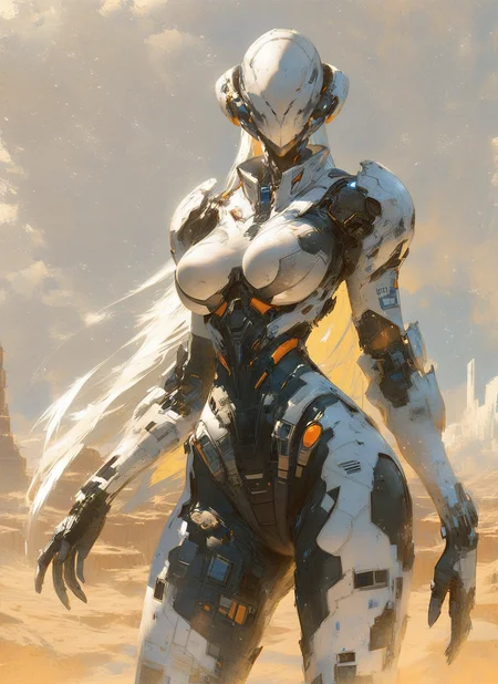 score_9, score_8_up, score_7_up, highly detailed, painting, girl, large breasts, dark green armor, long white hair, looking at viewer, standing, mcnm, massive spaceship, desert, rating_questionable, BREAK best quality, masterpiece, e621, digital_art <lora:Mechanism-pdxl-1:1>