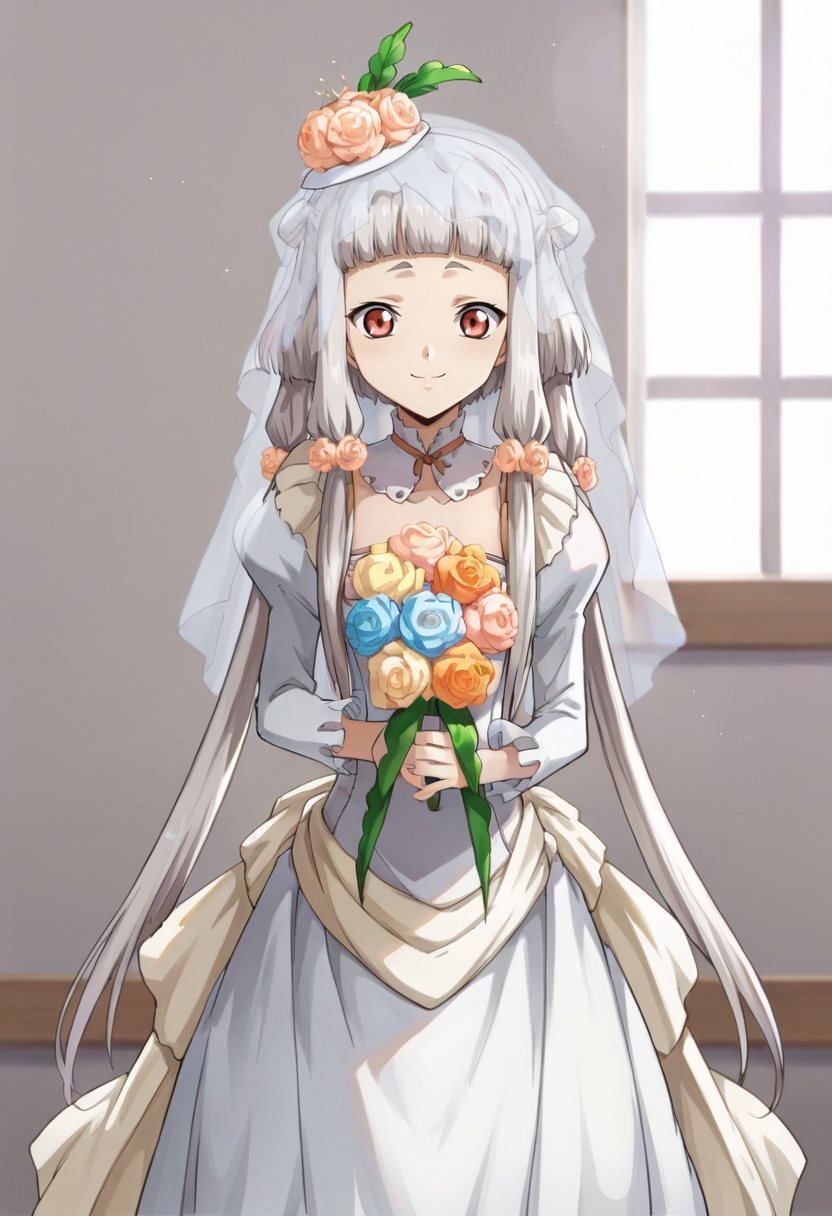 score_9,score_8_up,score_7_up,anime coloring BREAK source_anime,anime,<lora:Tianzi_Code_Geass_Pony:0.8>,tianzi,1girl,solo,long hair,red eyes,bangs,grey hair,sidelocks,blunt bangs,hair flower,twintails,bride,wedding dress,bridal veil,bouquet,smile,standing,indoors,wedding hall,looking at viewer,
