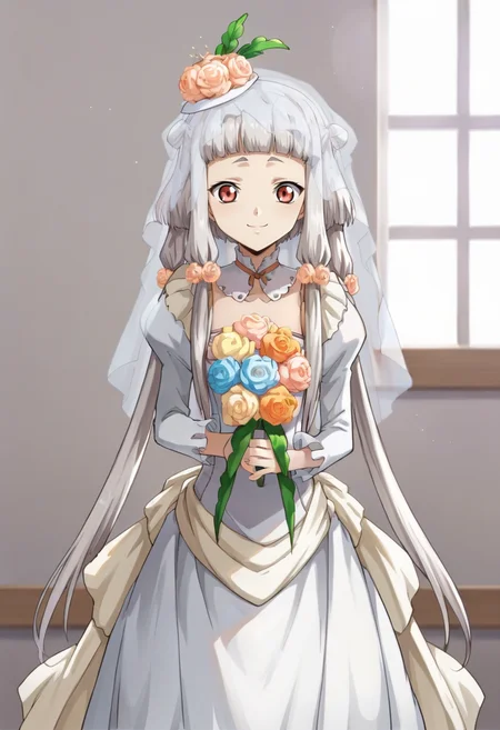 score_9,score_8_up,score_7_up,anime coloring BREAK source_anime,anime,<lora:Tianzi_Code_Geass_Pony:0.8>,tianzi,1girl,solo,long hair,red eyes,bangs,grey hair,sidelocks,blunt bangs,hair flower,twintails,bride,wedding dress,bridal veil,bouquet,smile,standing,indoors,wedding hall,looking at viewer,