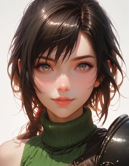 zPDXLxxx, Expressiveh,
Yuffie, Sleeveless turtleneck, Cowl, Armor, Materia orb,
small breasts, natural sagging breasts,
score_9, score_8_up, score_7_up,score_6_up,
highres, high quality, perfection, masterpiece, detailed, source_anime, simple white background, 1girl, solo, front view portrait, face focus, intricate features, beautiful girl, young adult, youthful, petite body, detailed face, beautiful face, innocent face, eyelashes, perfect eyes, detailed eyes, medium breasts, clothed, black lace shirt, black lace choker, standing, smiling, looking at viewer,