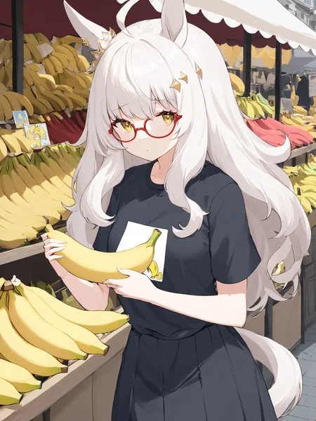 (masterpiece),(highest quality),highres,(an extremely delicate and beautiful),(extremely detailed), solo, Biwa Hayahide \(umamusume\) wears red-framed semi-rimless eyewear, casual black shirt with printing a picture of banana, holding banana, short sleeves, skirt. she is at outdoor marketplace
<lora:UmaDiffusionXL-768x1024:1>