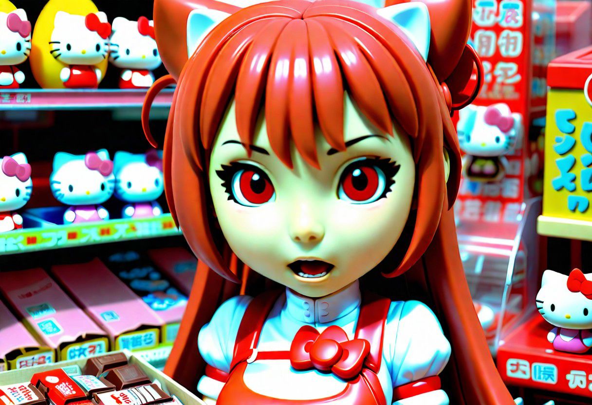 hello kitty kinder eggs (on toy shop) ( 1 woman asian whit hair red,,cute face, asuna yuuki face , eating chocolate)