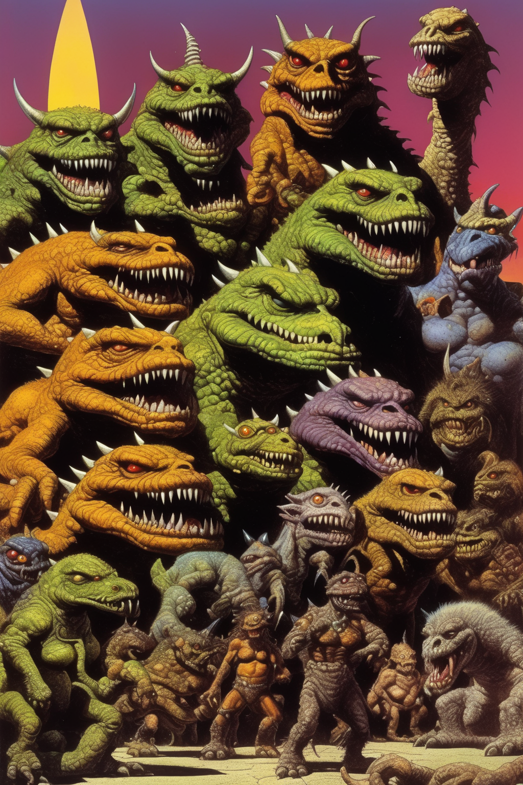 <lora:Richard Hescox Style:1>Richard Hescox Style - richard corben style art of a collection of mythic monsters together in a city