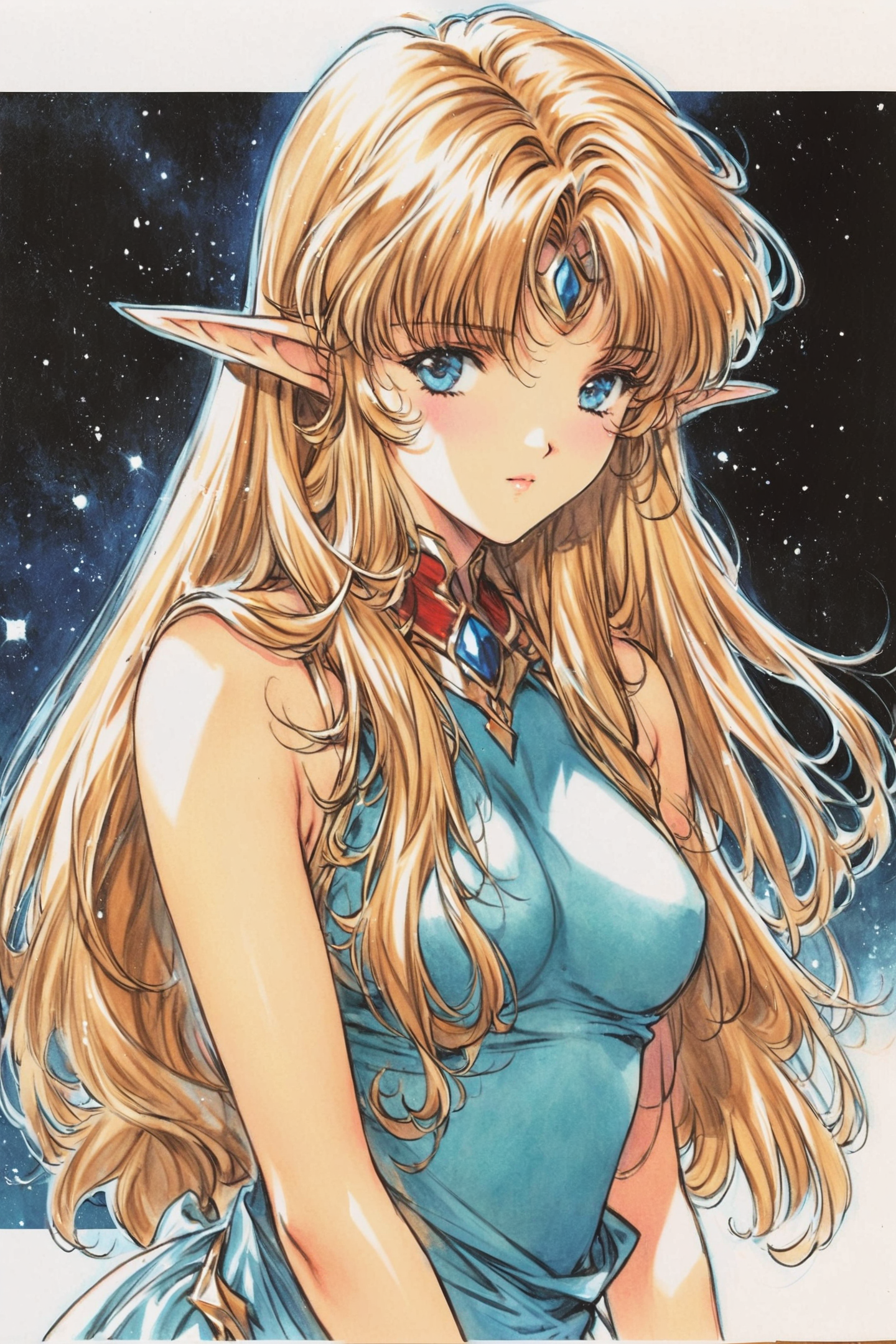 Deedlit,1girl,pointy ears,solo,blonde hair,elf,blue eyes,long hair,breasts,looking at viewer,white background,circlet,upper body,simple background,medium breasts,dress,sleeveless,lips,bangs,blue dress,closed mouth,retro artstyle,traditional media,<lora:MIN-NARAKEN_XL:0.8>,