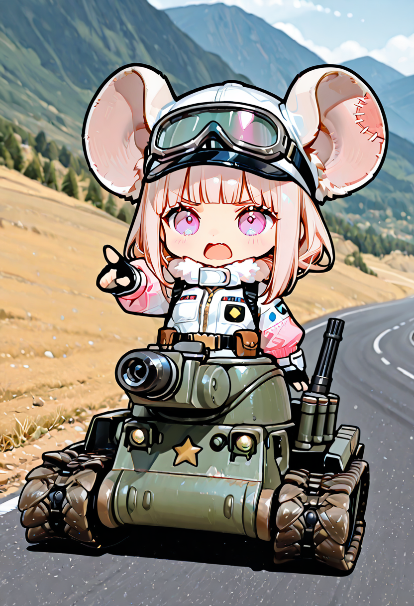 masterpiece, ultra-HD, very aesthetic, 8K, high detail, depth of field, score_9, score_8_up, high detail, 
BREAK
BREAK
1girl, solo, light black hair, medium-length hair, blunt bangs, flowing hair, Light pink flared sleeves, light pink cropped flight jacket, white base with black pattern tight combat suit, white fur collar, zippered opening, unzipped, patchwork style, high collar, fingerless gloves, wrist guards, functional belt, hip accessory, safety harness buckle, oversized rat ears, chibi, 
BREAK
bonaparte /(tank/), turret, cannon, minigun, smoke projector, left-air intake, caterpillar tracks, quadrupedal mode, 
BREAK
Pointing forward with one hand, wide open mouth, frowning, serious, goggles, military cap
BREAK
road, Distant mountain scenery, gravel, daytime, 
BREAK
<lora:Rat_Chibi:1>, <lora:IL_bonaparte_tank:1>,