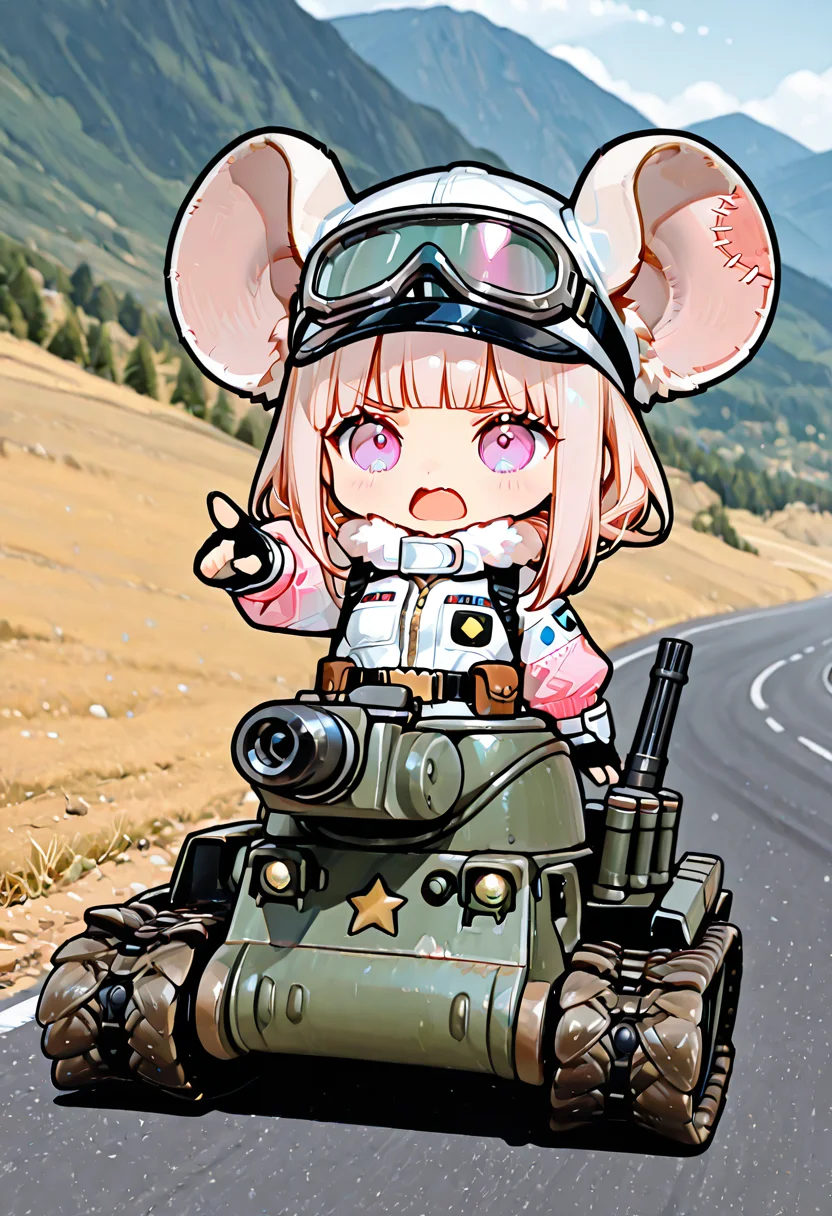 masterpiece, ultra-HD, very aesthetic, 8K, high detail, depth of field, score_9, score_8_up, high detail,
BREAK
BREAK
1girl, solo, light black hair, medium-length hair, blunt bangs, flowing hair, Light pink flared sleeves, light pink cropped flight jacket, white base with black pattern tight combat suit, white fur collar, zippered opening, unzipped, patchwork style, high collar, fingerless gloves, wrist guards, functional belt, hip accessory, safety harness buckle, oversized rat ears, chibi,
BREAK
bonaparte /(tank/), turret, cannon, minigun, smoke projector, left-air intake, caterpillar tracks, quadrupedal mode,
BREAK
Pointing forward with one hand, wide open mouth, frowning, serious, goggles, military cap
BREAK
road, Distant mountain scenery, gravel, daytime,
BREAK
<lora:Rat_Chibi:1>, <lora:IL_bonaparte_tank:1>,
