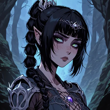 masterpiece, best quality, newest, absurdres, highres, GOTAV1.0, 
1girl, shadowheart \(baldur's gate\), long braid, elf, pointy ears, black hair, braid, side bangs, green eyes,