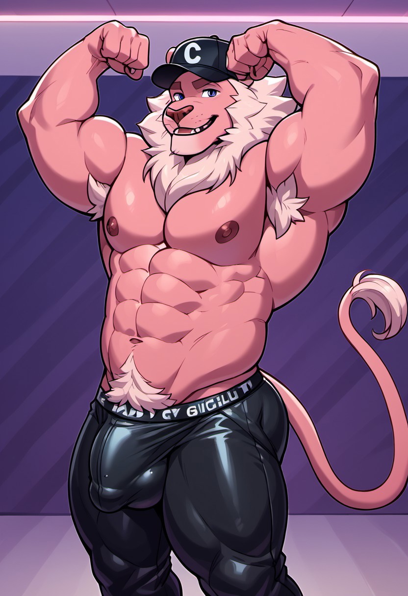 score_9, score_8_up, score_7_up, score_6_up, score_5_up, score_4_up, high quality, hires, 2d (artwork), cartoon style, 1boy, solo, steven’s lion, lion, lion tail, pink mane, pink body, 1boy, male, solo male, anthro, big eyebrows, thick thighs, wide hips, big ass, bottom heavy, mature male, body, anthro, inside, night club, neon lights, leather daddy, leather hat, muscular, muscular male, abs, large pectorals, (((big moobs))), black leather jockstrap, big bulge, black assless chaps, flexing, Michopanq