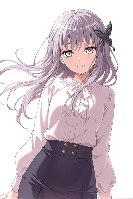 masterpiece, best quality, amazing quality,
 <lora:Yukina_IL:1> yukina, 1girl, solo, long hair, butterfly hair ornament, hair ornament, white background, smile, shirt, looking at viewer, floating hair, long sleeves, simple background, skirt, bangs, yellow eyes, white shirt, shiny hair, casual