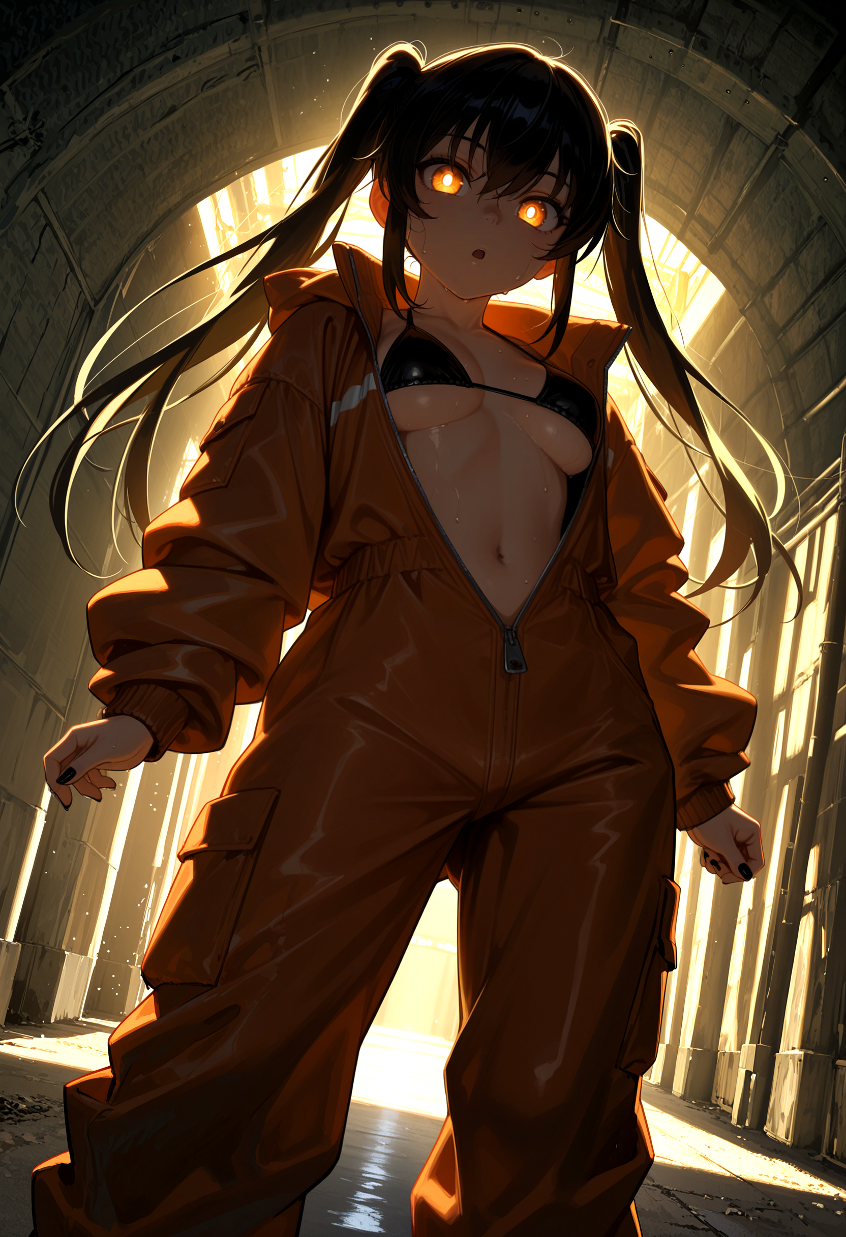 masterpiece, best quality, amazing quality, very aesthethic, scenery, dutch angle, photo background, moody, dim lighting, chiaroscuro, rim lighting, light rays, bloom, dramatic shadows, high contrast, shadow, sinister, detailed hair, detailed clothing, details shading, BREAK 1girl solo, tamaki kotatsu, orange eyes, glowing eye, bright pupils, :o, black hair, black nails, long hair, twintails, orange jumpsuit, oversized jumpsuit, partially unzipped, side boob, underboob, black bikini, bikini under clothes, sweat, looking at viewer, tunnel,