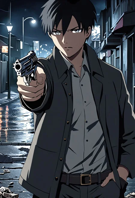 Highres, Masterpiece, High Quality, 4K, 8K, solo, 1Boy, Takaki Toono, adult, black hair, short hair, potrait, midnight, quiet street, big city, dim street lights, scattered trash, dirty, cold, tense, mysterious, sharp eyes, merciless, threatening, pointing a gun, revolver, weapon, pointing at the viewer, threatening, easynegative, detailed_eye_model