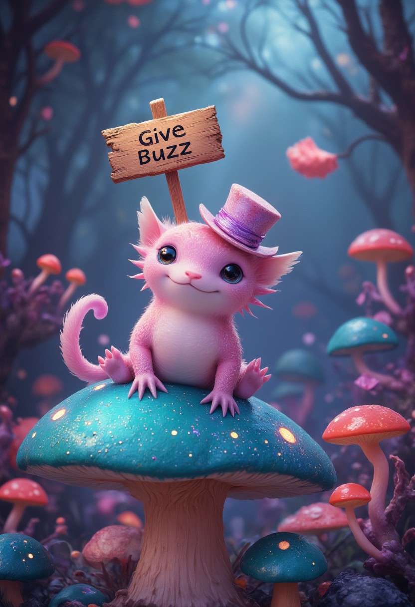 A pastel-pink axolotl, absurdly chubby and sporting a tiny, iridescent top hat, sits perched upon a giant, glistening mushroom. Its feathery gills flutter gently as it holds aloft a small, weathered wooden sign, clumsily painted with the words "Give Buzz". The sign is slightly too big for the axolotl, adding to its endearing awkwardness. The mushroom cap, a vibrant shade of turquoise, is speckled with bioluminescent spots that cast a soft, ethereal glow on the scene. The background is a whimsical, dreamlike forest, filled with towering, candy-colored flora and strange, glowing fungi. The overall style is playful and endearing, reminiscent of a children's storybook illustration, but with a touch of surrealism. The image is rendered in high resolution, with vibrant colors and a soft, diffused lighting, creating a whimsical and enchanting atmosphere. The axolotl's expression is one of innocent expectation, its large, black eyes wide and hopeful. The camera angle is slightly low, focusing on the axolotl and its sign, further emphasizing its cuteness and the absurdity of the scene.