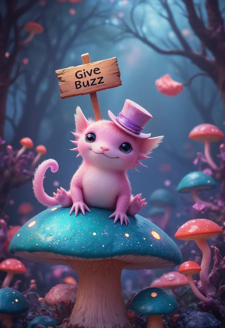 A pastel-pink axolotl, absurdly chubby and sporting a tiny, iridescent top hat, sits perched upon a giant, glistening mushroom. Its feathery gills flutter gently as it holds aloft a small, weathered wooden sign, clumsily painted with the words "Give Buzz". The sign is slightly too big for the axolotl, adding to its endearing awkwardness. The mushroom cap, a vibrant shade of turquoise, is speckled with bioluminescent spots that cast a soft, ethereal glow on the scene. The background is a whimsical, dreamlike forest, filled with towering, candy-colored flora and strange, glowing fungi. The overall style is playful and endearing, reminiscent of a children's storybook illustration, but with a touch of surrealism. The image is rendered in high resolution, with vibrant colors and a soft, diffused lighting, creating a whimsical and enchanting atmosphere. The axolotl's expression is one of innocent expectation, its large, black eyes wide and hopeful. The camera angle is slightly low, focusing on the axolotl and its sign, further emphasizing its cuteness and the absurdity of the scene.