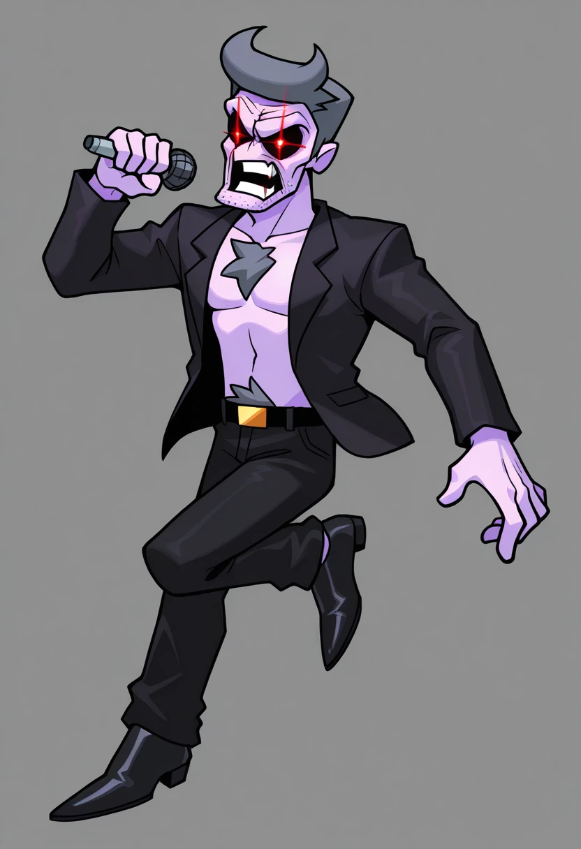 DaddyDearestFNF, 1boy, lavender skin, black hollow eyes, red glowing pupils, grayish-lilac hair, open black suit jacket without a shirt, black pants, belt with a golden buckle, black heeled dress shoes, silver watch, black sclera, colored sclera, solo, full body