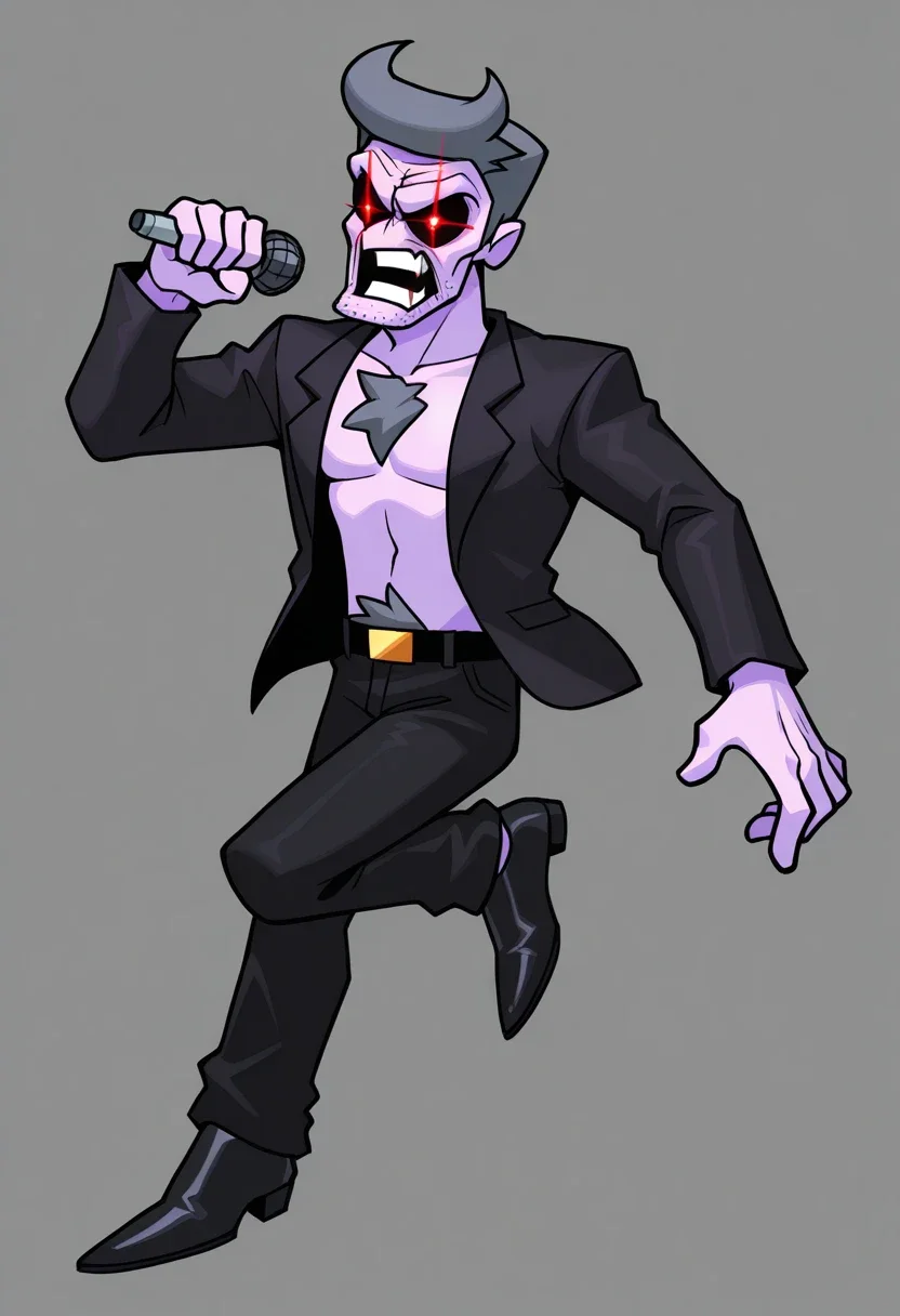 DaddyDearestFNF, 1boy, lavender skin, black hollow eyes, red glowing pupils, grayish-lilac hair, open black suit jacket without a shirt, black pants, belt with a golden buckle, black heeled dress shoes, silver watch, black sclera, colored sclera, solo, full body
