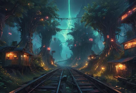 "You're a passenger travelling first class on a train without a roof. This current portion of the journey, the , gaining altitude to eventually arrive at the mountain pass off in the distance. Looking straight ahead, you see that the tracks are flanked on either side by towering forest. The canopy of the forest is remarkably adorned with (a network of tree-houses of neo-brutalist curved design." ((cinematic concept-art illustration, low angle, rectilinear composition)),(neon nightmare fantasy fever dream),