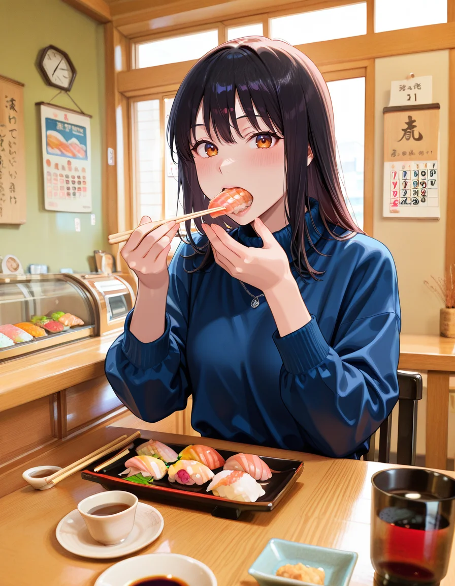 score_9, score_8_up, score_7_up, anime, solo, 1girl, one girl, 
general,
BREAK <lora:nigirizushi:1.0>, nigirizushi, food, holding chopsticks, eating nigirizushi, eat with chopsticks,
indoors, chair, window, japanese restaurant, counter, showcase, omakase, sushi plate, calendar (object), cup, soy sauce, saucer,
 (masterpiece:1.3), best quality, high resolution, unity 8k wallpaper, (illustration:1.2), 8K,