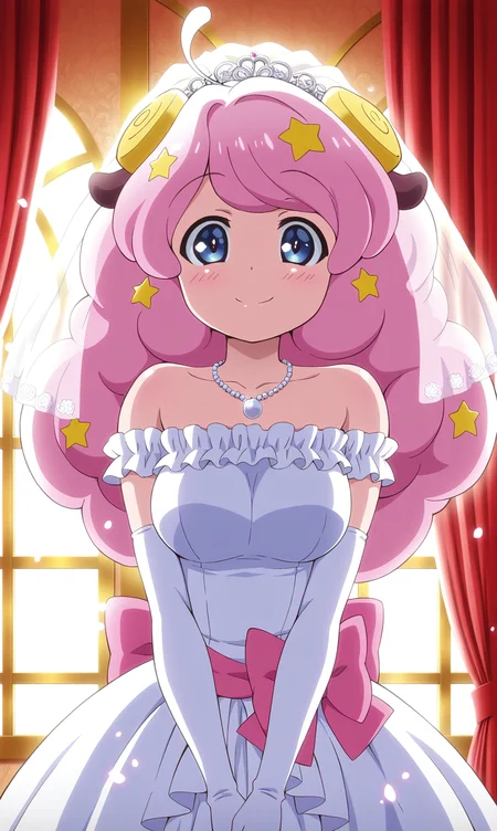 masterpiece, best quality, curvy, beautiful eyes, zzmoa, 1girl, solo, looking at viewer, dress, sheep ears, animal ears, hair ornament, long hair, ahoge, pink hair, smile, window, hair ornament, jewelry, sheep horns, star \(symbol\), bow, horns, star hair ornament, backlighting, wedding dress, dot nose, blue eyes, bare shoulders, veil, collarbone, earrings, indoors, strapless, blush, curtains, gloves, sheep girl, parody, necklace, closed mouth, white dress, breasts, elbow gloves, v arms, strapless dress, medium breasts, white gloves, off-shoulder dress, alternate costume, off shoulder, happy, tareme, bridal veil, light particles, light blush, frills, sidelocks, frilled dress, waist bow, portrait, sunlight, pink bow, see-through, bow, back bow