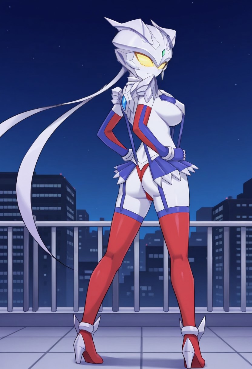 official art, detailed anime, ultra detailed anime art, anime screencap, screencap, score 9, score 8 up, score 7 up, masterpiece, anime coloring, source anime, 
BREAK
UltraGirlZero, 1girl, solo, perfect female body, large breasts, helmet, glowing eyes, yellow eyes, no pupils, yellow sclera, green jewel forehead, thighhighs, navel, genderswap \(mtf\), tokusatsu, alien, visible fang, colored skin, silver skin, ((metallic skin)), red and blue elbow gloves, chest armor, revealing clothes, blue suspenders, underboob, ((covered nipples:0.9)), navel, toned belly, micro skirt, blue garter straps, red mini panties, cameltoe, blue and red thigh-high boots, high heels, weapon at right arm, very long metallic ribbons at shoulders, shiny skin, smoothy skin, 
BREAK
full body shot, standing, ((from behind, back view)), ((partial visible ass, thong, large ass, bubble butt)),((contrapposto)), ((hands on hips)), seductive pose, city, night, rooftop, detailed background,