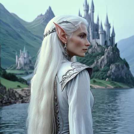 <lora:80sFantasyMovieV3SDXL:0.8> ArsMovieStill, 80s Fantasy Movie Still, The image shows a woman with long white hair standing in front of a castle surrounded by water and hills in the background., 1girl, pointy ears, solo, long hair, white hair, castle, jewelry, earrings, elf, profile