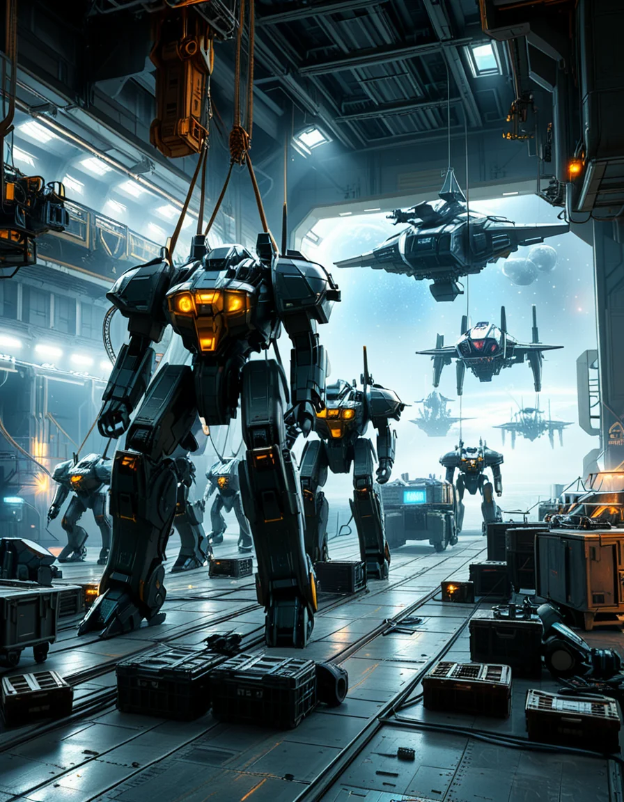 A massive, futuristic spaceship hangar filled with towering battle mechs undergoing maintenance. The hangar is dimly lit, with industrial lighting casting a cold, bluish glow over the metallic surfaces. The high ceiling is lined with steel support beams, catwalks, and suspended cranes used for repairing the massive war machines. The walls are adorned with warning signs, control panels, and illuminated holographic displays providing diagnostic data on the mechs. In the foreground, a colossal mech stands on a heavy-duty platform, its armored plating showing signs of battle damage, with exposed mechanical parts being worked on by robotic arms. The ground is marked with yellow hazard lines and scattered with tools, power cables, and spare parts. Steam rises from various vents, adding to the gritty, industrial feel. In the background, more mechs are stationed in docking bays, with their weapons and mechanical limbs being adjusted by automated repair systems. A large open bay door at the far end reveals the vastness of space, with distant stars and a massive planet visible beyond the hangar. The scene is detailed, immersive, and full of high-tech military sci-fi energy.
<lora:SDXLFaeTastic2400:0.4> <lora:extremely_detailed:0.4> extremely detailed,<lora:mechwarriors_spaceship_h4ng4r:1>,mechwarriors spaceship h4ng4r, Masterpiece,best quality,hi res,8k,hi res,8k,award winning,(sharp focus, intricate, highly detailed),