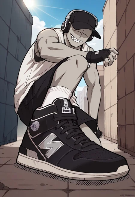 score_9, score_8_up, score_7_up, d3im0s, colored skin, grey skin, facial mark, no eyes, no eyebrows, no nose, bald, 1boy, solo, grin, sharp teeth, looking at viewer, hud_sh03_sh0w, foreshortening, black hat, baseball cap, black headphones, white shirt, sleeveless shirt, black gloves, fingerless gloves, black shorts, black sneakers, white socks, cloudy sky, sunlight, alley